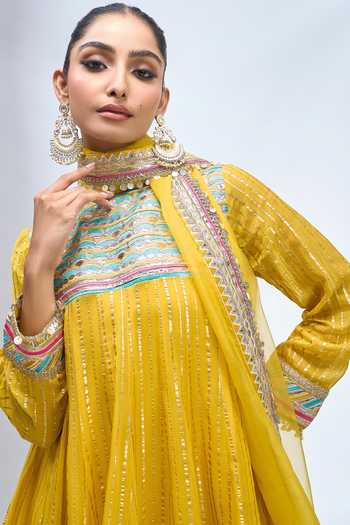 Shop_Gopi Vaid_Yellow Round Neck Embroidered Anarkali Sharara Set _Online