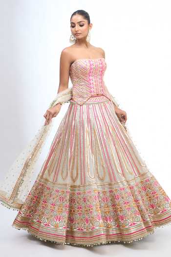 Gopi Vaid_Ivory Zari Bandeau Neck Embroidered Corset Lehenga Set _Online