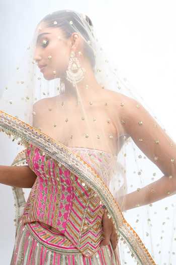 Buy_Gopi Vaid_Ivory Zari Bandeau Neck Embroidered Corset Lehenga Set _Online