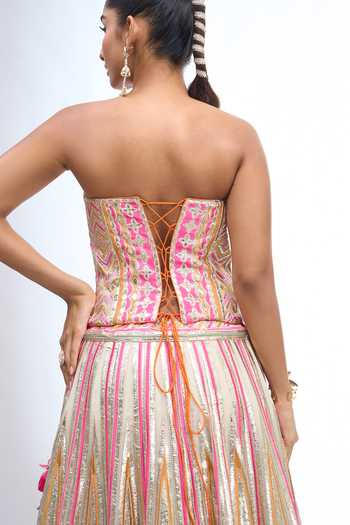 Shop_Gopi Vaid_Ivory Zari Bandeau Neck Embroidered Corset Lehenga Set _Online