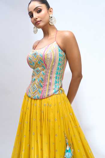 Gopi Vaid_Yellow Zari Scoop Neck Embroidered Corset Lehenga Set _Online
