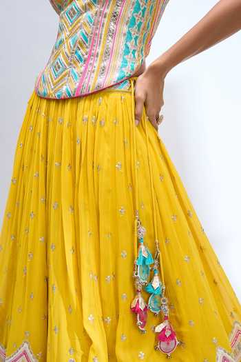 Buy_Gopi Vaid_Yellow Zari Scoop Neck Embroidered Corset Lehenga Set _Online