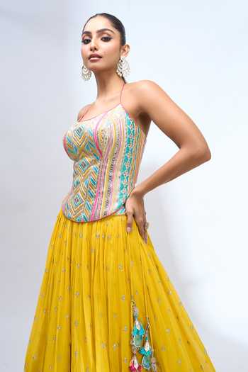 Shop_Gopi Vaid_Yellow Zari Scoop Neck Embroidered Corset Lehenga Set _Online