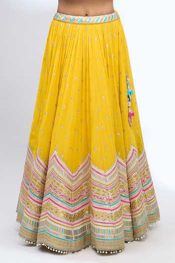 Gopi Vaid_Yellow Zari Scoop Neck Embroidered Corset Lehenga Set 