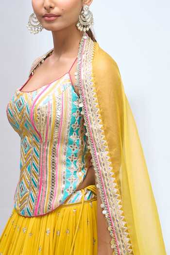 Gopi Vaid_Yellow Zari Scoop Neck Embroidered Corset Lehenga Set 
