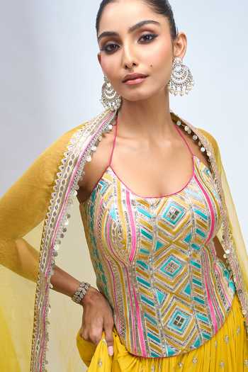 Gopi Vaid_Yellow Zari Scoop Neck Embroidered Corset Lehenga Set 
