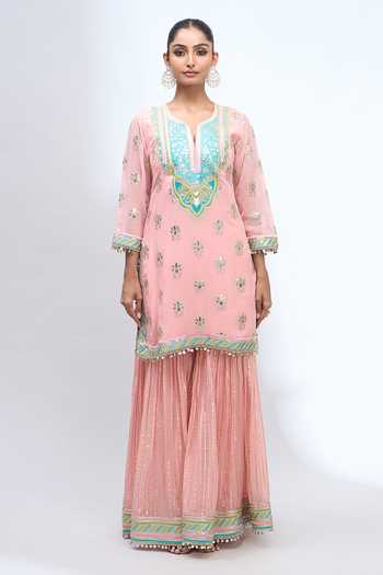 Gopi Vaid_Pink Notched Neck Embroidered Kurta Sharara Set _Online