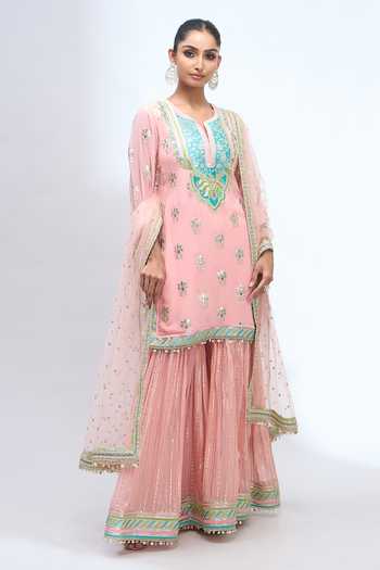 Buy_Gopi Vaid_Pink Notched Neck Embroidered Kurta Sharara Set _Online