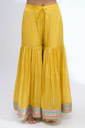 Gopi Vaid_Yellow Split V-neck, Yes Embroidered Kurta Sharara Set _Online