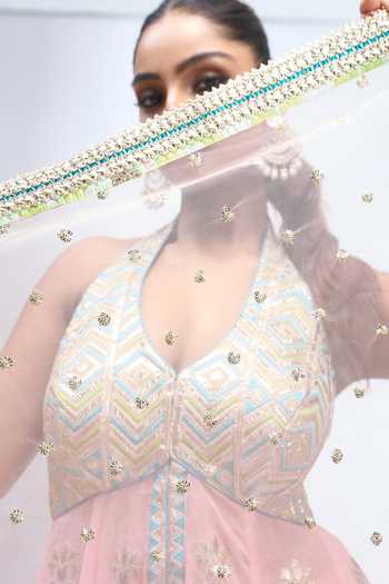 Gopi Vaid_Pink Halter Neck Embroidered Kurta Sharara Set _Online