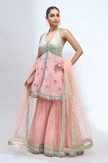 Gopi Vaid_Pink Halter Neck Embroidered Kurta Sharara Set 