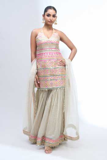 Gopi Vaid_Ivory Halter Neck, Yes Embroidered Kurta Sharara Set _Online