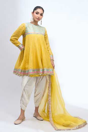 Gopi Vaid_Yellow Embroidery Round Neck Anarkali Dhoti Pant Set _Online