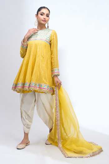 Buy_Gopi Vaid_Yellow Embroidery Round Neck Anarkali Dhoti Pant Set _Online