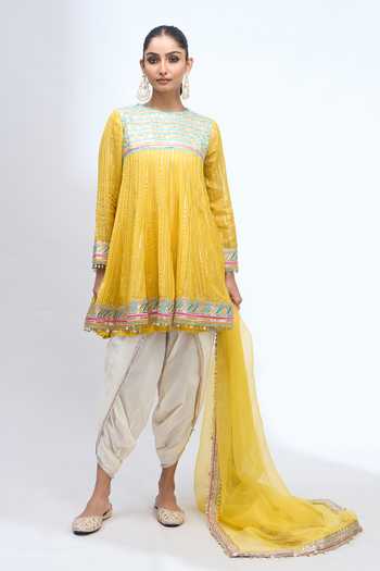 Shop_Gopi Vaid_Yellow Embroidery Round Neck Anarkali Dhoti Pant Set _Online