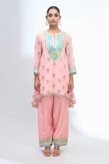 Gopi Vaid_Pink Split V-neck Embroidered Kurta Salwar Set _Online