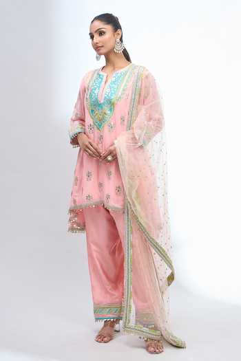 Shop_Gopi Vaid_Pink Split V-neck Embroidered Kurta Salwar Set _Online