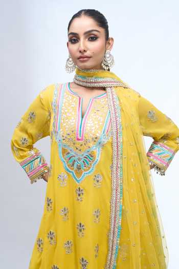 Gopi Vaid_Yellow Split V-neck Embroidered Kurta Salwar Set 