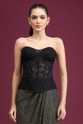 Buy_Tarun Tahiliani_Black Sweetheart Neck Strapless Embroidered Corset _Online