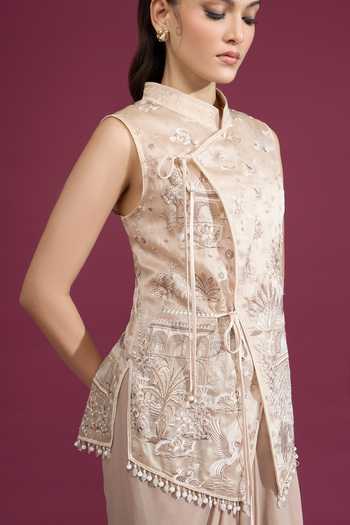 Tarun Tahiliani_Beige Mandarin Collar Embroidered Taupe Wrap Gilet _at_Aza_Fashions