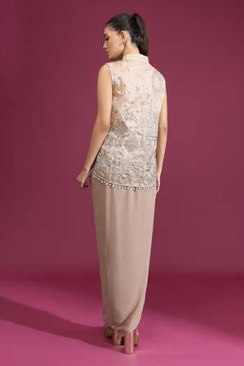 Tarun Tahiliani_Beige Mandarin Collar Embroidered Taupe Wrap Gilet _Online_at_Aza_Fashions