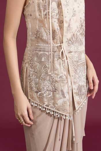 Shop_Tarun Tahiliani_Beige Mandarin Collar Embroidered Taupe Wrap Gilet 
