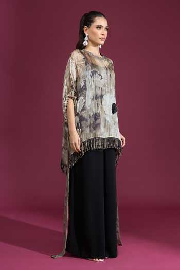 Tarun Tahiliani_Multi Color Round Neck Printed Tassel Top _Online