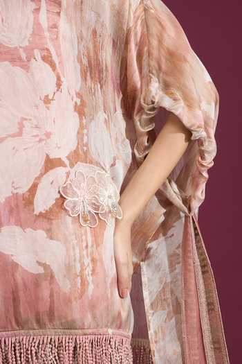 Tarun Tahiliani_Pink Round Neck Printed Tassel Top _Online