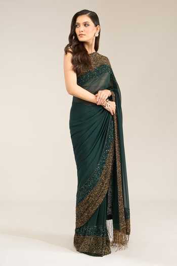 Buy_Nakul Sen_Green Silk, Chiffon Sequinned Saree With Unstitched Blouse Piece _Online