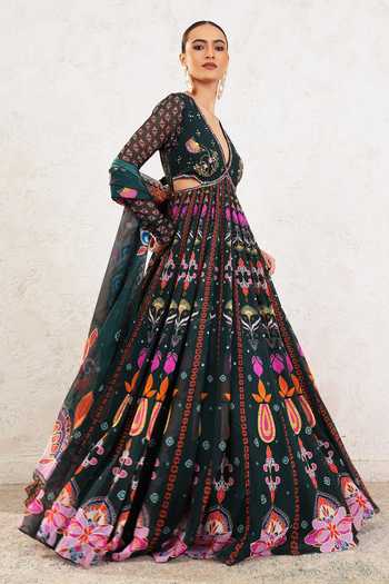 Miku Kumar_Green Georgette V-neck Dravya Printed Anarkali With Dupatta _Online