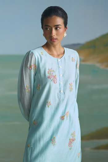 Buy_Summer By Priyanka Gupta_Blue Chanderi Round Neck Bug Me Not Embroidered Kurta And Pant Set _Online_at_Aza_Fashions