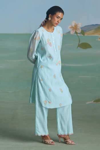 Buy_Summer By Priyanka Gupta_Blue Chanderi Round Neck Bug Me Not Embroidered Kurta And Pant Set _at_Aza_Fashions