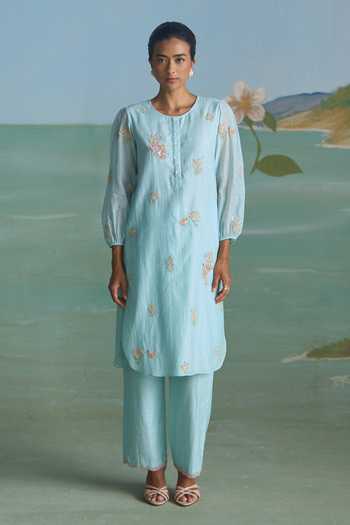 Shop_Summer By Priyanka Gupta_Blue Chanderi Round Neck Bug Me Not Embroidered Kurta And Pant Set _Online_at_Aza_Fashions