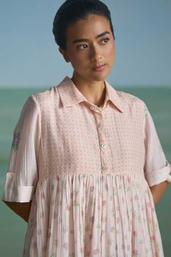 Shop_Summer By Priyanka Gupta_Pink Chanderi Collared Neck Elsie Printed Shirt Dress _Online_at_Aza_Fashions