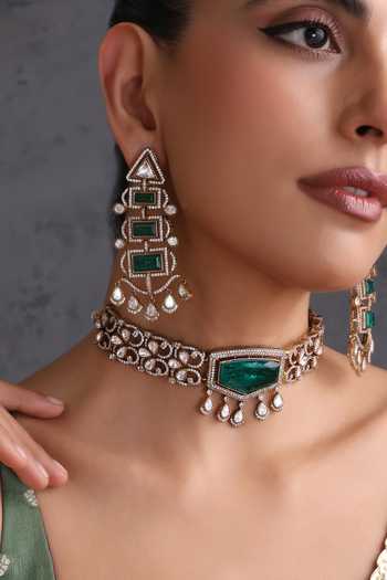 Swabhimann_Green Emerald And Polki Choker Necklace Set _Online_at_Aza_Fashions