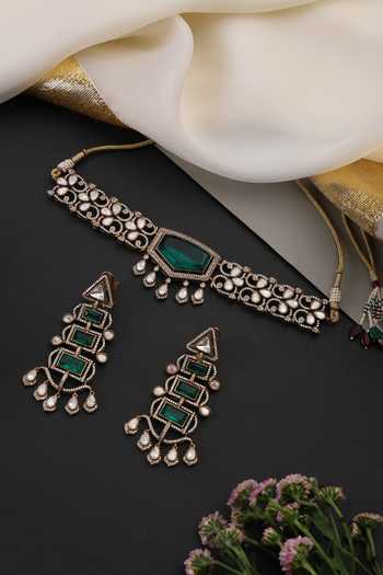 Shop_Swabhimann_Green Emerald And Polki Choker Necklace Set _at_Aza_Fashions