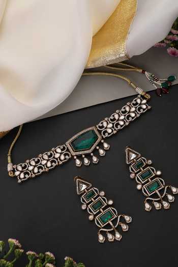 Shop_Swabhimann_Green Emerald And Polki Choker Necklace Set _Online_at_Aza_Fashions