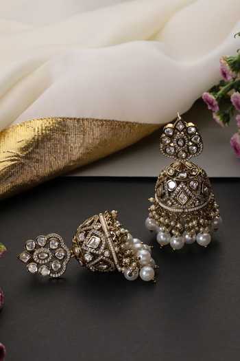 Shop_Swabhimann_White Polki Embellished Jhumka Earrings _at_Aza_Fashions