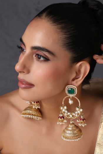 Swabhimann_Emerald Green And Polki Embellished Long Jhumka Earrings _Online_at_Aza_Fashions