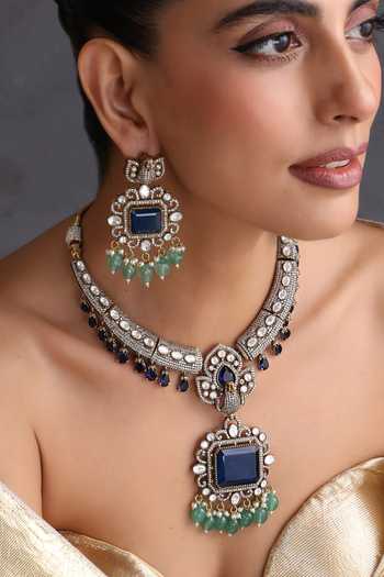 Swabhimann_Blue Sapphire And Polki Embellished Necklace Set _Online_at_Aza_Fashions