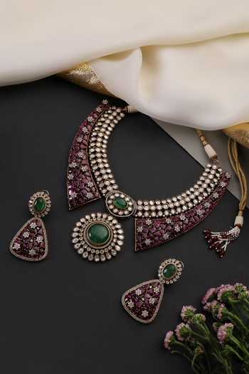 Shop_Swabhimann_White Ruby And Emerald Polki Studded Necklace Set _at_Aza_Fashions