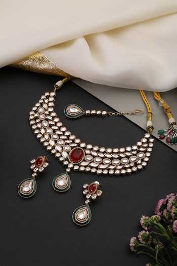 Shop_Swabhimann_Red Ruby And Polki Embellished Necklace Set _at_Aza_Fashions