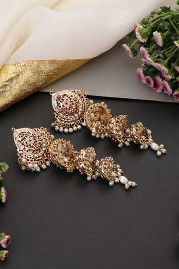 Shop_Swabhimann_Red Jadau Long Jhumka Earrings _Online_at_Aza_Fashions