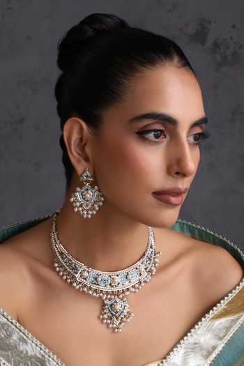 Swabhimann_Blue Jadau Cutwork Necklace Set _Online_at_Aza_Fashions