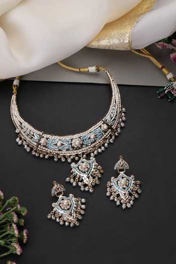Shop_Swabhimann_Blue Jadau Cutwork Necklace Set _at_Aza_Fashions