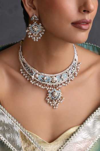 Shop_Swabhimann_Blue Jadau Cutwork Necklace Set _Online_at_Aza_Fashions