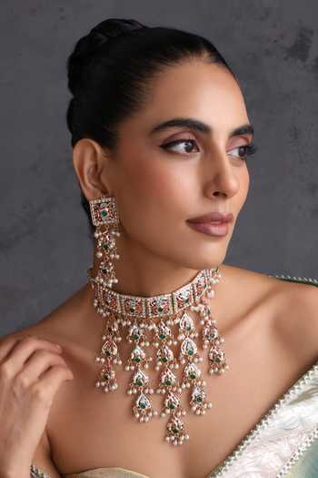 Buy_Swabhimann_Multi Color Jadau Tasselled Choker Necklace Set _at_Aza_Fashions