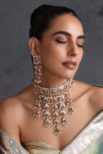 Swabhimann_Multi Color Jadau Tasselled Choker Necklace Set _Online_at_Aza_Fashions