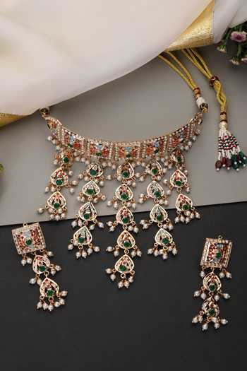 Buy_Swabhimann_Multi Color Jadau Tasselled Choker Necklace Set _Online_at_Aza_Fashions