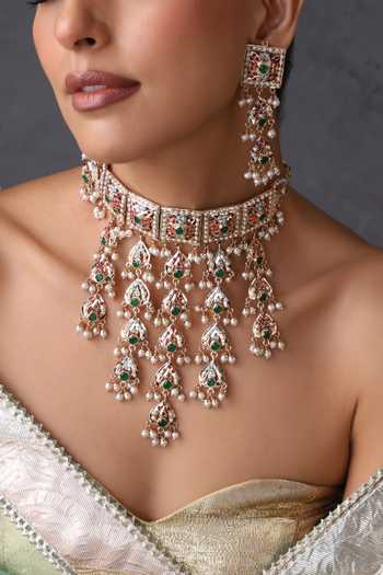 Shop_Swabhimann_Multi Color Jadau Tasselled Choker Necklace Set _Online_at_Aza_Fashions